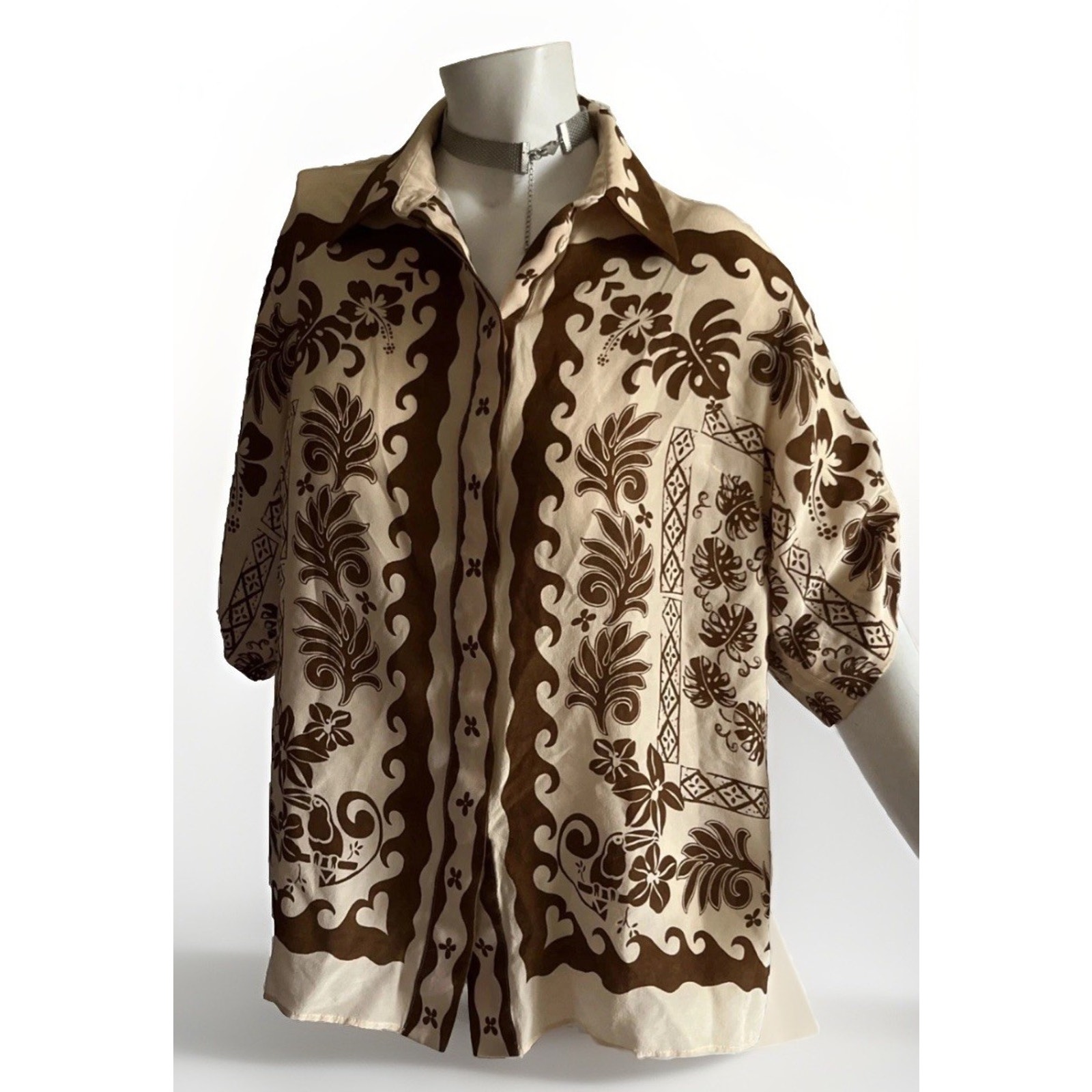 Alemais Silk Tropic Shirt Us 4 Au 8 Brown Cream Floral 100% Silk Button Up